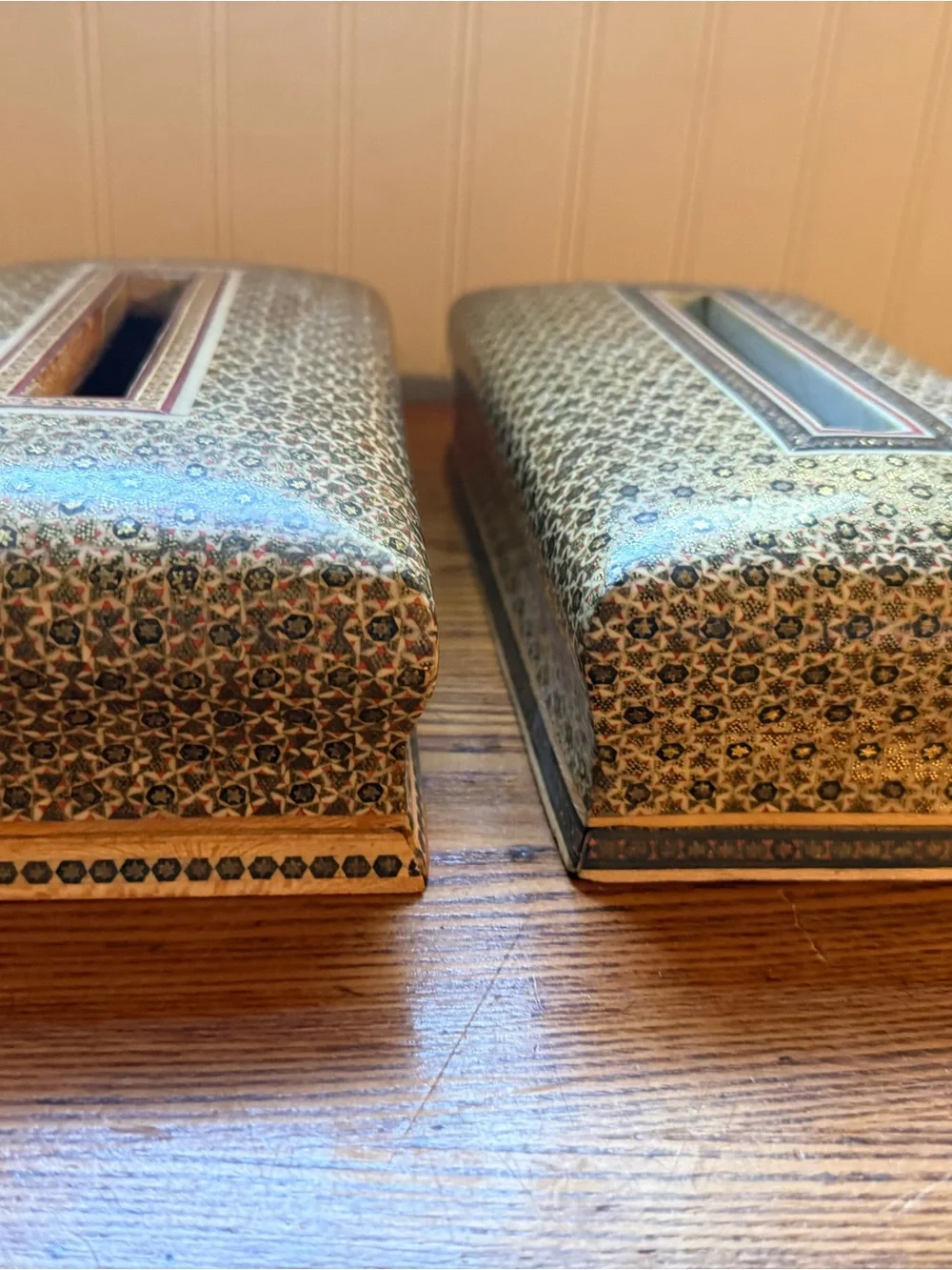 Set of Two Handmade Persian Khatam Tissue Box Covers Marquetry Mosaic Design